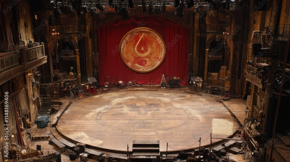 Poster empty theater stage with circular design on the floor and a large red curtain with a painting.