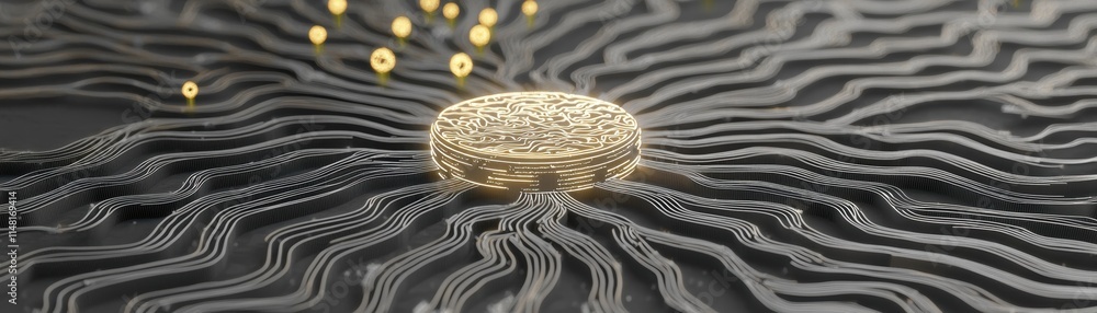 Poster intricate abstract design featuring a central golden structure amidst flowing waves, ai pipeline con
