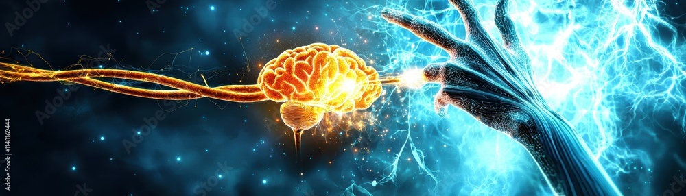 Poster a dynamic fusion of human intellect and technology depicted through a glowing brain and hand connect