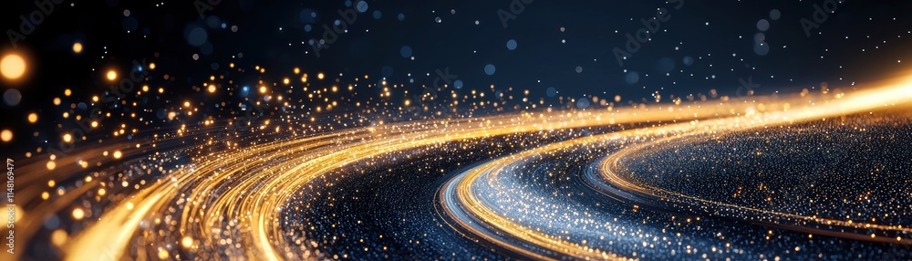 Poster abstract light trails with shimmering particles against a dark background, conceptual visualization 