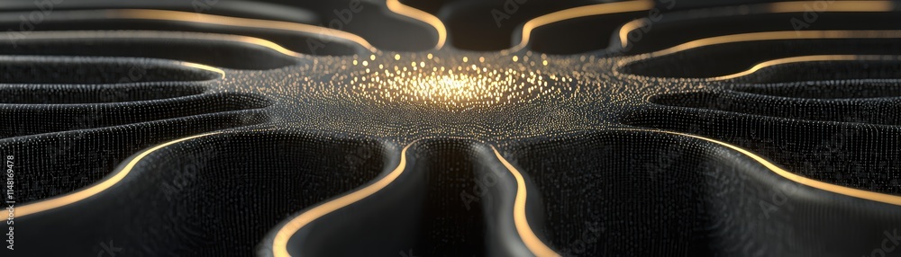 Poster abstract design resembling flowing lines and luminous particles in a dark background, conceptual ai 