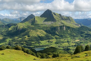 Obraz premium A high-altitude view of lush green highlands under a soft, cloudy sky. The foreground feature . Beautiful simple AI generated image