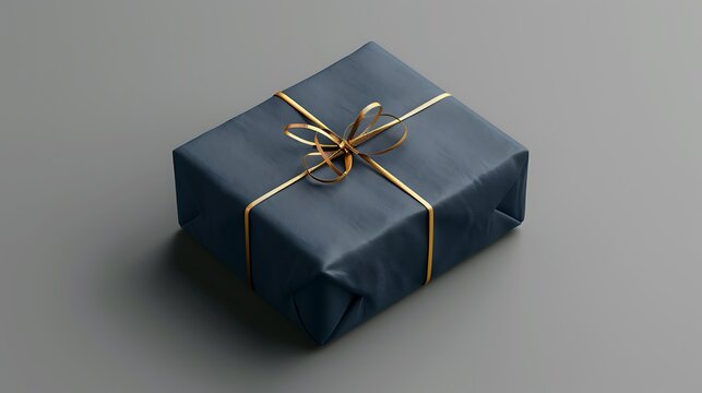 Against a gray origin a dark blue present package with gilded satin string