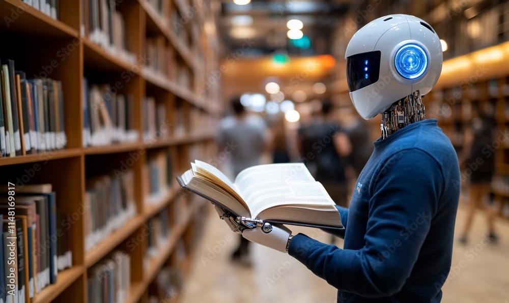 Poster robot reading a book in a library.