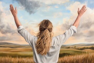 Embracing a New Day - Tranquil Woman at Sunrise with Arms Raised in Victory in Serene Countryside