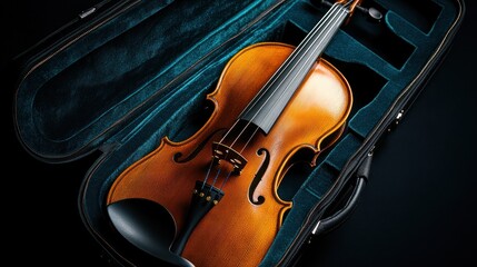 Fototapeta premium A polished violin rests inside its dark teal case, ready for a performance.