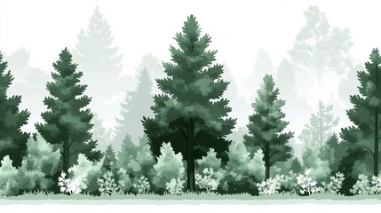 Obraz premium Serene Evergreen Forest Landscape in Misty Morning Light
