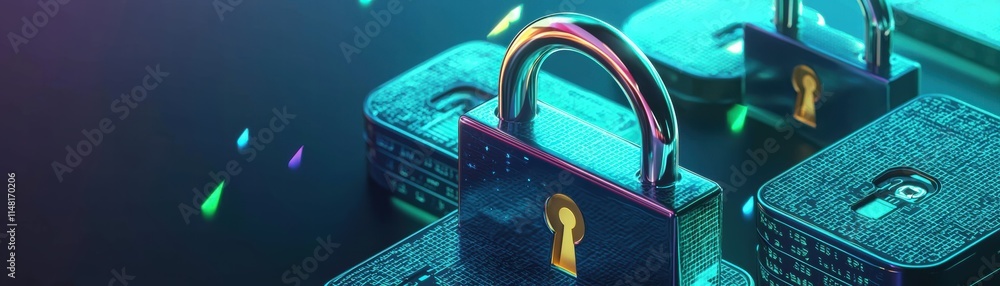 Poster digital locks against a vibrant tech background, symbolizing security and data protection, dynamic 3