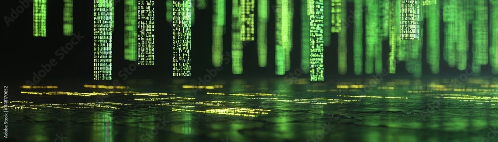 Poster digital green code cascading down like a matrix, creating a futuristic and tech-inspired atmosphere,