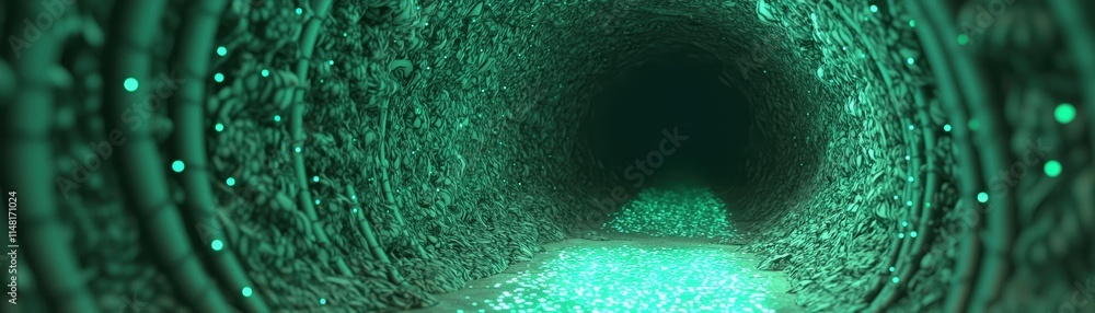 Poster abstract green tunnel with glowing particles, creating a mysterious and futuristic atmosphere, futur