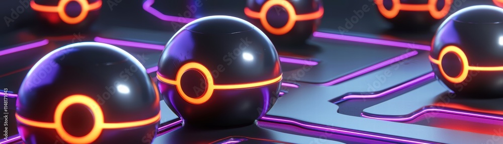 Poster futuristic spheres with glowing edges on a circuit-like surface create a tech-inspired atmosphere, f