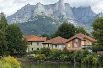 Fototapeta premium Beautiful panorama view of mid-high green mountains in Vosges, France. . Beautiful simple AI generated image