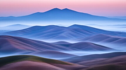 Fototapeta premium Serene Misty Mountains at Sunrise, Rolling Hillscape