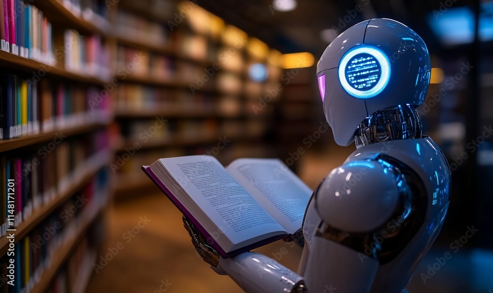 Poster robot reading book in library.