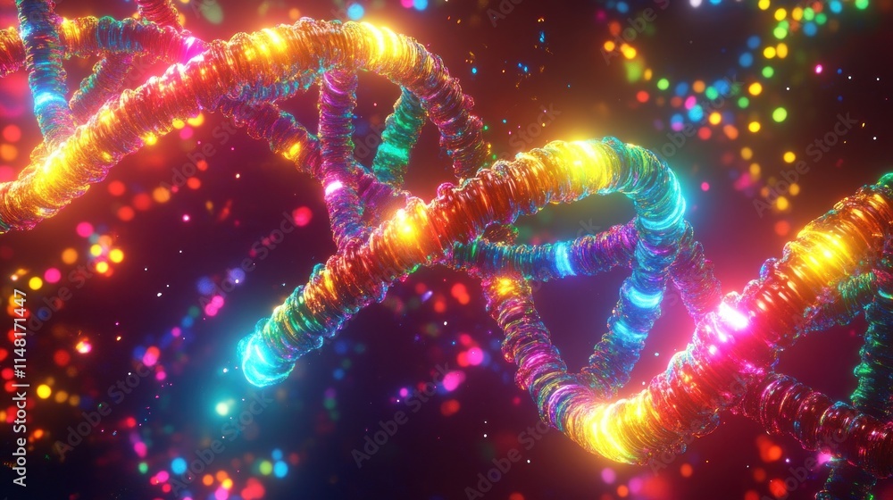 Poster glowing colorful dna double helix strand with bokeh background.