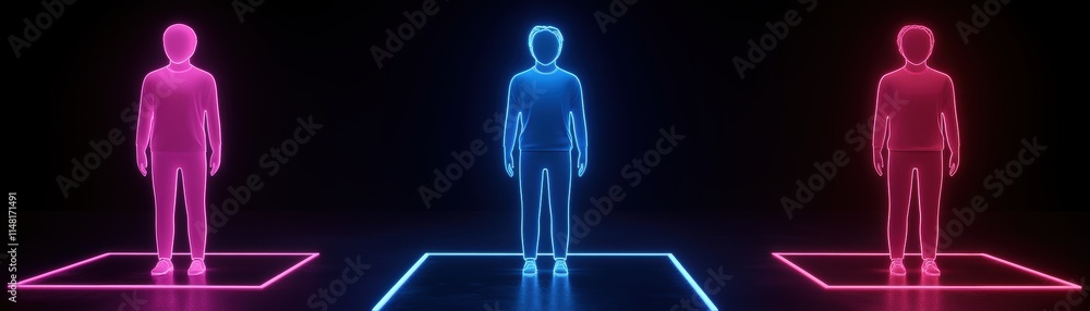 Poster three holographic figures in blue and pink hues illuminated against a dark background, devops workfl