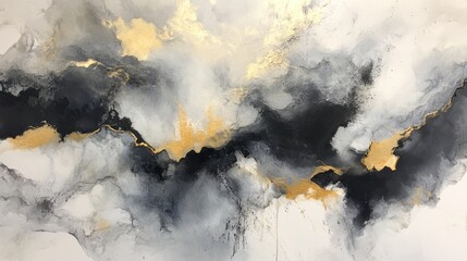 Abstract art painting in shades of grey, black and gold.