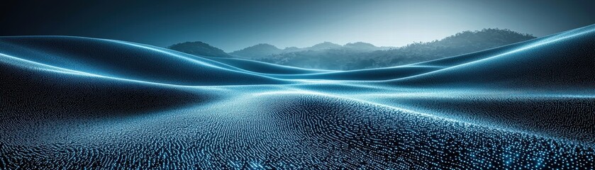Waves of shimmering blue light create a serene, futuristic landscape with distant mountains, Futuristic CI process flow visualization