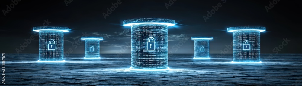 Poster futuristic stone structures illuminated with glowing blue light in a dark environment, holographic d