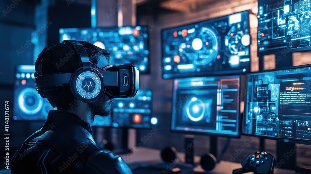 Poster person wearing vr headset immersed in futuristic digital environment with multiple screens displayin
