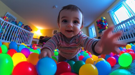 Obraz premium Happy Baby Playing In Colorful Ball Pit