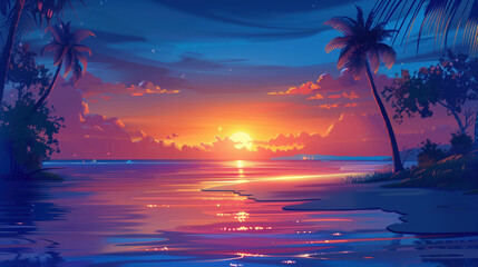 Tropical Sunset Beach Illustration with Palm Trees and Reflective Ocean Waters for Relaxation and Travel Themes
