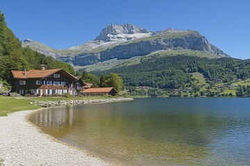 Fototapeta premium Mountain valley during sunset. Natural summer mountain landscape. Forest and mountans. Mountain-image... Beautiful simple AI generated image