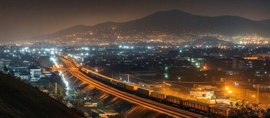 Fototapeta premium Night cityscape with illuminated train tracks and cargo train.