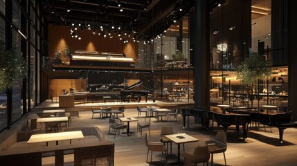 Modern spacious music venue with grand pianos, stage, and cafe seating.