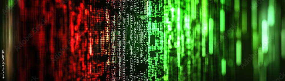 Poster abstract digital background with vibrant red and green matrix patterns, surreal glowing ai neural ne