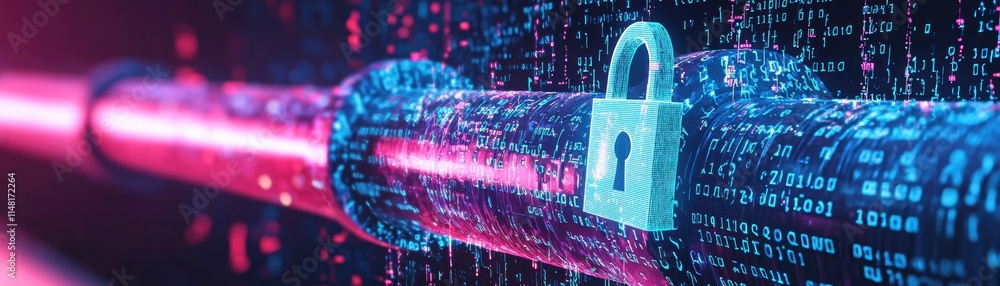 Poster digital padlock secured on a futuristic data pipeline with vibrant neon colors and binary code eleme