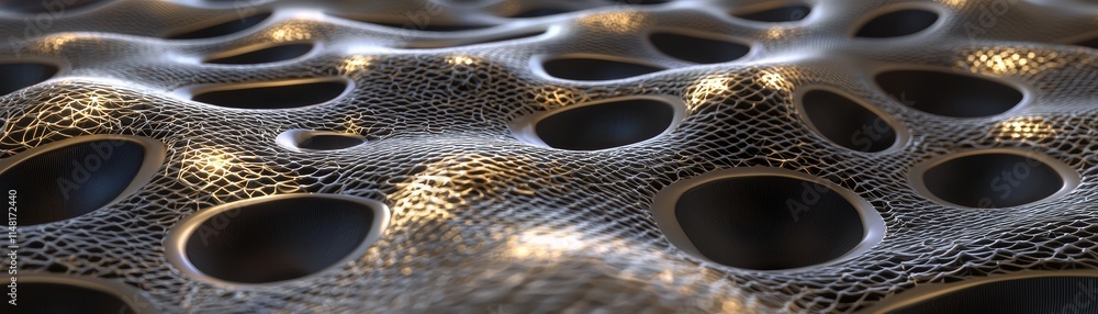 Poster textured surface with holes, creating an abstract, organic pattern in shades of black and gold, surr