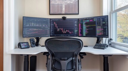 Modern home office setup with triple monitor workstation displaying stock market data and code.
