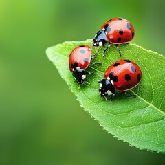Obraz premium Agricultural pest damage and prevention. Three ladybugs on a green leaf against a soft, blurred background.