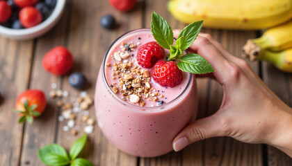Strawberry banana smoothie topped with granola and berries on wooden table
