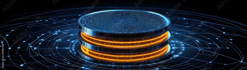 Poster futuristic data visualization with glowing disks and a network of connections, ai-driven cicd 3d rep