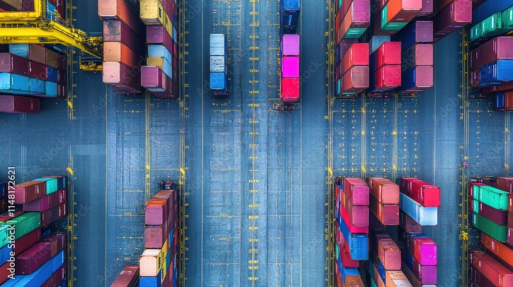 Poster aerial view of colorful shipping containers stacked in a port yard.