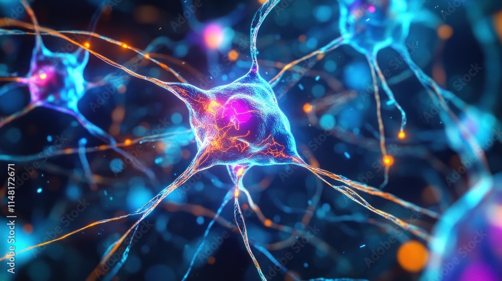 Poster microscopic view of vibrant, interconnected neurons firing, showcasing neural network activity and s
