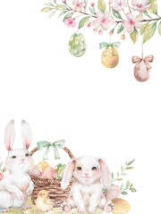 Easter rabbits, chickens and wicker basket with colored eggs hand drawn watercolor illustration