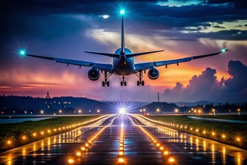Low Light Landing Photography: Dramatic Night Scenes, Atmospheric Dusk, Illuminated Runway, Airplane Landing, Night Flight, Airport at Night