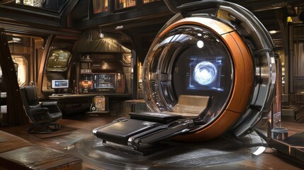 Futuristic medical pod in a vintage-styled office.