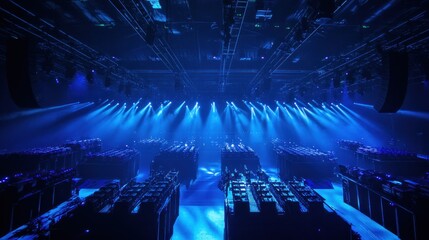 Empty concert stage with blue lighting and sound equipment.