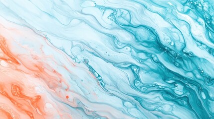 Fototapeta premium Abstract fluid art painting with teal and coral colors creating a wavy, flowing pattern.