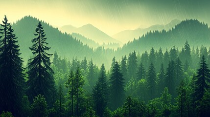 Serene Rain Forest Landscape, Lush Green Mountainscape