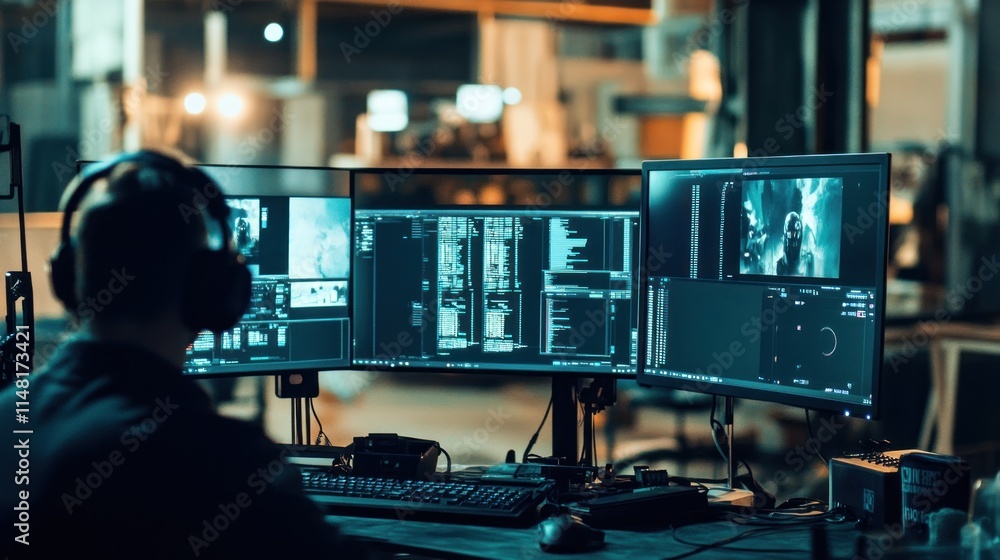 Poster person in headphones works on three monitors displaying code and graphics.