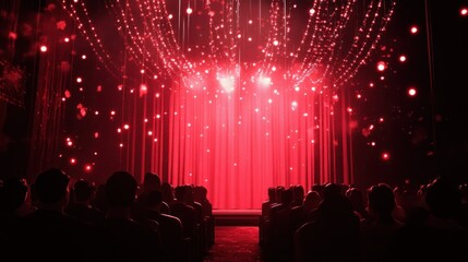 Red stage lights illuminate an audience before a curtain.