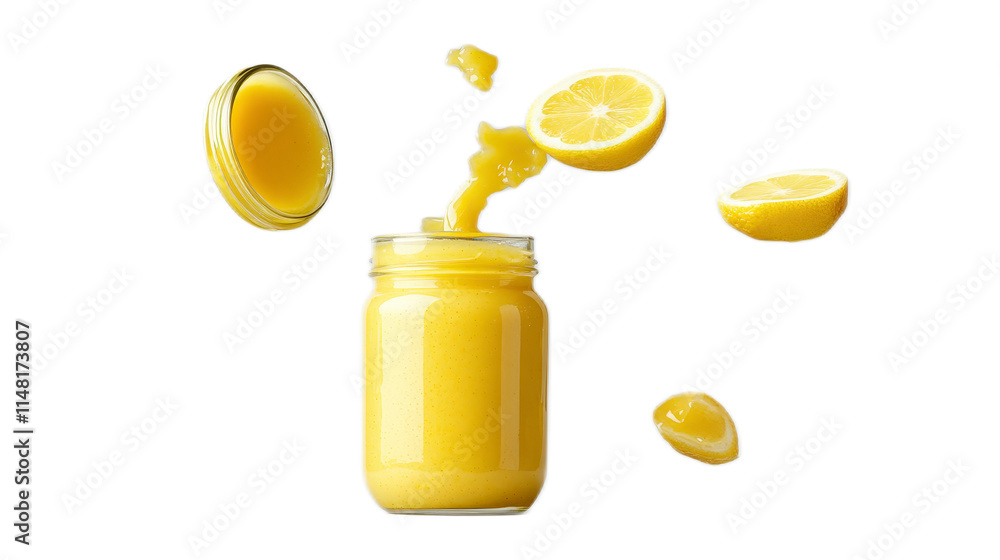 Poster Fresh Lemon Jam in Jar with Slices and Splashes on Transparent Background