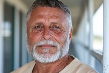 A mature man with a genuine smile and gray beard gazes directly at the camera, radiating warmth and authenticity, inviting connection and evoking trust in viewers.