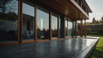 Fototapeta premium Modern home's exterior showcasing large wood-framed sliding glass doors leading to a dark-grey patio. The house features a contemporary design with wood siding and a partially visible lawn.