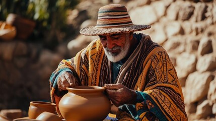 Elderly artisan meticulously crafting clay pot, showcasing traditional techniques and cultural heritage.